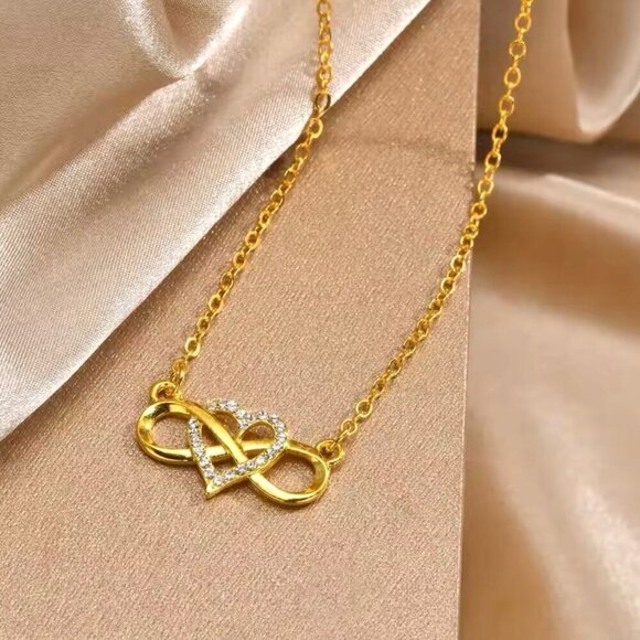NEW Infinity Heart Pendant Necklace CZ Pave 14K Yellow Gold Plated Thin Chain - Picture 5 of 11